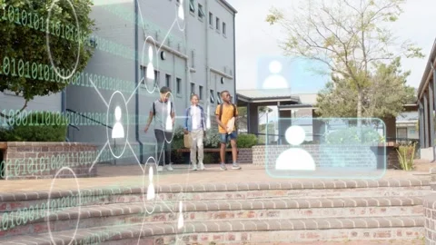 School group entering left and walking down steps, heading to class, user icons Stock Footage 333019633