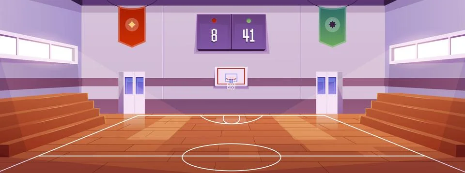 School gym interior vector flat illustration, basketball and sport team games Stock Illustration