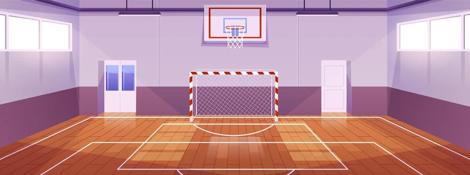 School gym interior vector flat illustration, basketball and soccer sport team Illustrazione stock