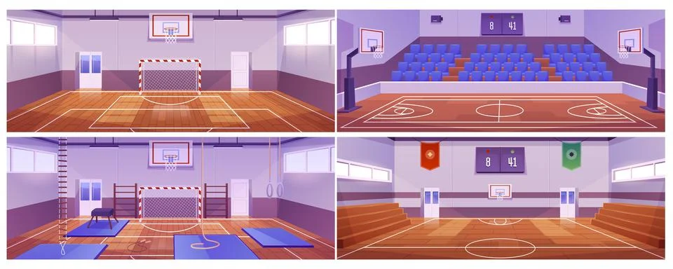 School gym interiors vector flat illustrations set, basketball and sport team Ilustración de archivo