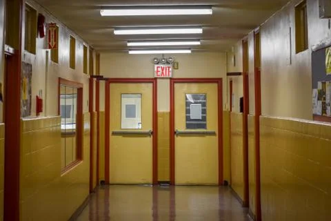School hall with exit setting. Harlem, NYC. Stock Photos