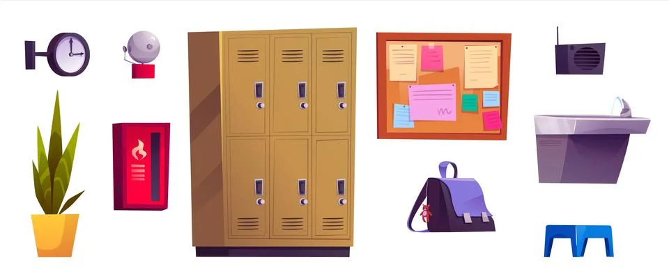 School hallway cartoon interior elements set Stock Illustration
