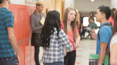 A school hallway is full of students standing in groups talking before class Video stock 33891547