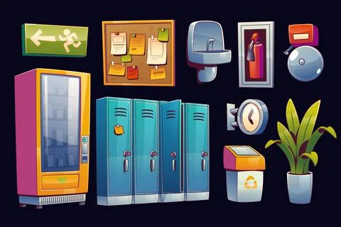 School hallway set, lockers, alarm bell, clock Stock Illustration