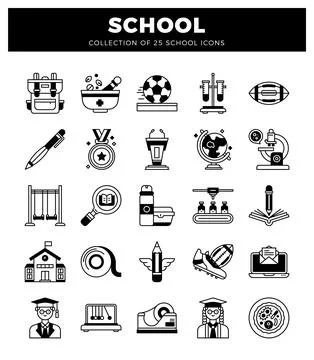 School icon collection with backpack. mortar pestle. soccer ball. test tube.. Stock Illustration