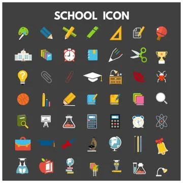School icon flat set with blackboard laptop students isolated vector illustra Stock Illustration