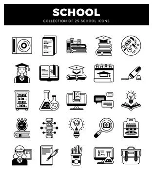 School icon set with diverse educational symbols on a white background. Stock Illustration