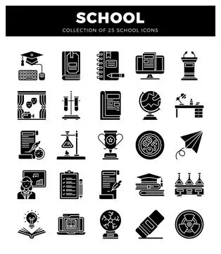 School icon set with graduation cap. books. and lab equipment Stock Illustration