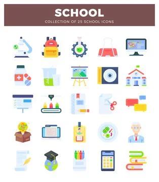 School icon set with science and education symbols Stock Illustration