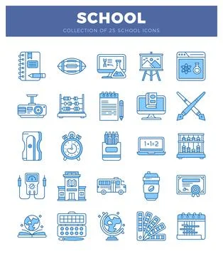 School icons on a blue background with white space. Stock Illustration