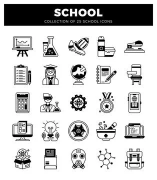 School icons collection computer graph. science flask. football. lunchbox. .. Stock Illustration