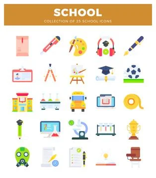 School icons collection with educational items and classroom elements Illustrazione stock