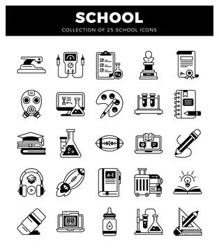 School icons collection featuring educational and academic graphic elements Stock Illustration