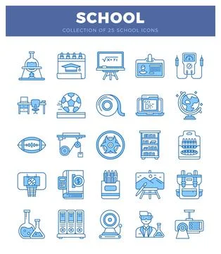 School icons collection in flat design with blue outlines on white background Stockillustratie