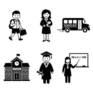 School icons collection: student with backpack and briefcase, teacher with .. Stock Illustration