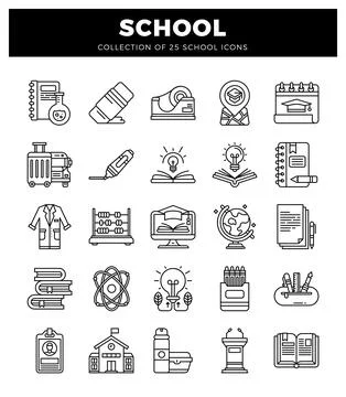 School icons with educational and learning symbols. Isolated vector graphic.. Stockillustratie