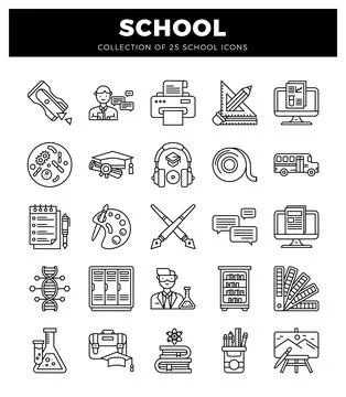 School icons featuring educational and science symbols on a white background イラスト素材