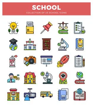 School icons featuring educational and learning elements on a white backgroun Stock Illustration