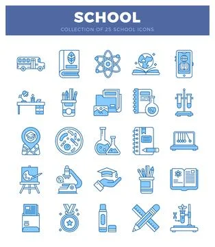 School icons. featuring educational and scientific symbols in a blue line a.. Stock Illustration