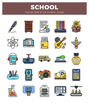 School icons featuring educational and artistic elements. Set of flat vecto.. Stock Illustration