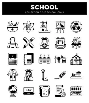 School icons in a flat design style showing educational and scientific elem.. Stock Illustration
