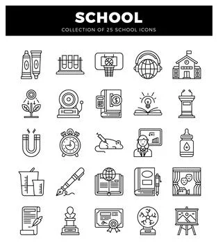 School icons in a grid with educational and artistic themes Stock Illustration