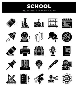 School icons in a grid layout with a black background. Illustrazione stock