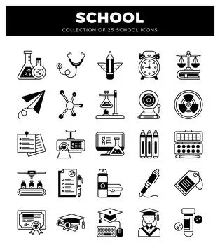 School icons in a grid layout on a white background. featuring science. edu.. イラスト素材