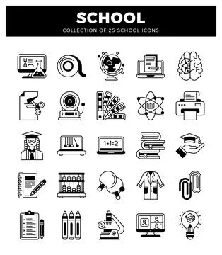 School icons in a grid layout on a white background. Stock Illustration