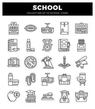 School icons in a grid layout on a white background Stock Illustration