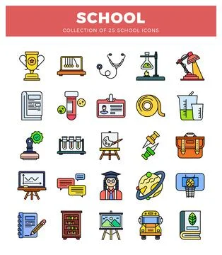 School icons in a grid layout on a white background. Stock Illustration