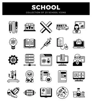 School icons illustrating learning. science. and sports. on white. Illustrazione stock