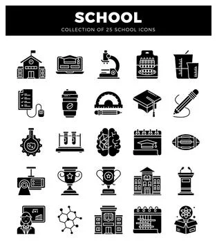 School icons including buildings. microscopes. and trophies on a black back.. 스톡 일러스트