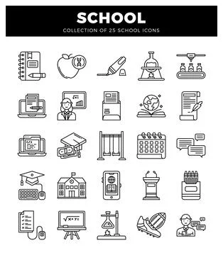 School icons including learning and science symbols on white background Stock Illustration