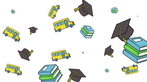 School icons pattern with buses books and graduation caps Stockbeeldmateriaal 342952651