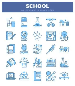 School icons presented in a grid with blue outlines on a white background. Stock Illustration
