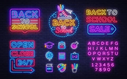School icons set. Back to school neon sign. Open Close Bright sign boards, light Stock Illustration