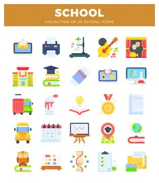 School icons set with educational and learning symbols on white background. Stock Illustration
