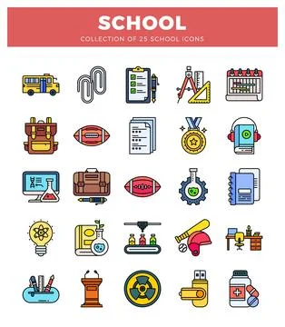 School icons set with educational and sports symbols. Stock Illustration