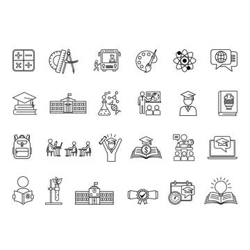 School Icons Set. Vector Icons of Education, Science, Biology, Physics, His.. Stock Illustration