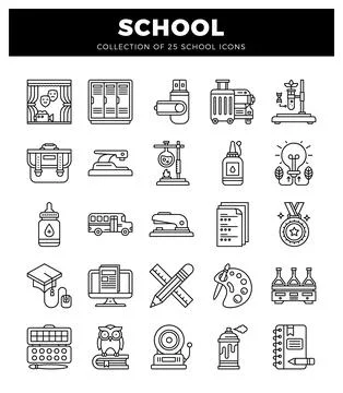 School icons set on white background for education and learning themes. Stock Illustration