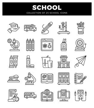 School icons on a white background. A flat line art graphics depicting scho.. Stock Illustration