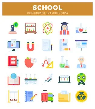 School icons on white background with a header. Icons depicting science and.. Stock Illustration