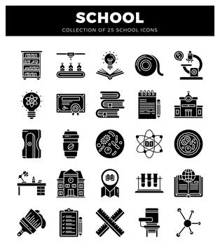 School icons on a white background. Ilustración de archivo
