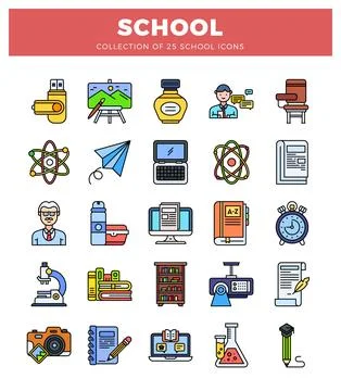 School icons on a white background with a red banner at the top. Stock Illustration