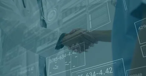 In school, image of handshake over digital interface with data and graphs Stock Photos