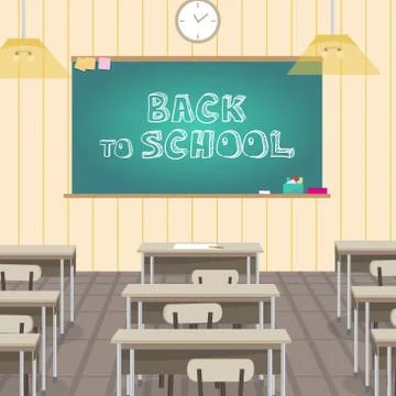 School interior is class with school board and desks. Vector fla Stock Illustration
