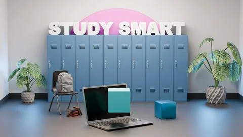 School interior render with lockers, laptop, and Study Smart motivational quo Stock Illustration