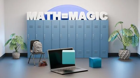 School interior render with lockers, laptop, and Math = Magic phrase 스톡 일러스트