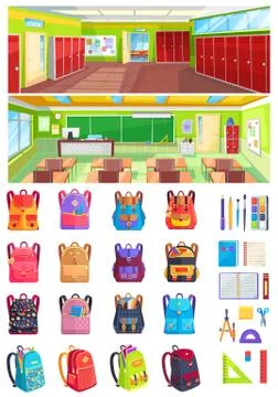 School Interior, Set of Backpacks Vector Image 스톡 일러스트